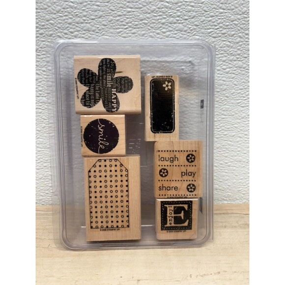 2006 Stampin Up Be Happy Set Of 6 Wood Mounted Rubber Stamps - Picture 1 of 4
